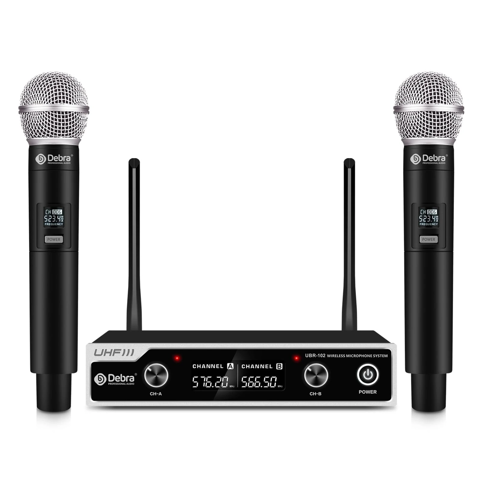 UHF Wireless Microphone System UBR-102, Cordless Handheld, Lavalier & Headset Mics, 260ft Range, Perfect for Church, Lectures, Karaoke, Weddings, DJ, Bars (2 Handhelds)