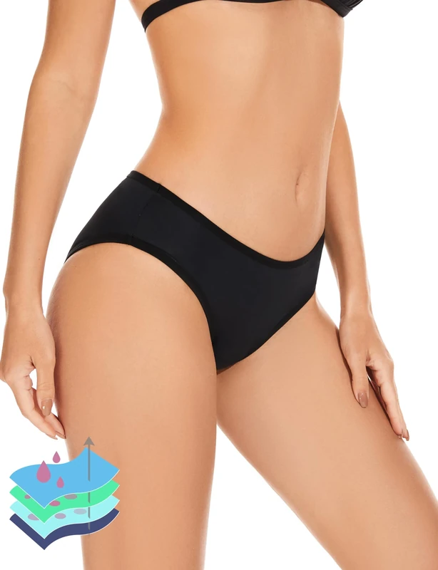OVRUNS Period Bikini Bottoms Low Waisted Leakproof Swimwear Waterproof Menstrual Swim Short for Teens, Girls, Women Black II XS