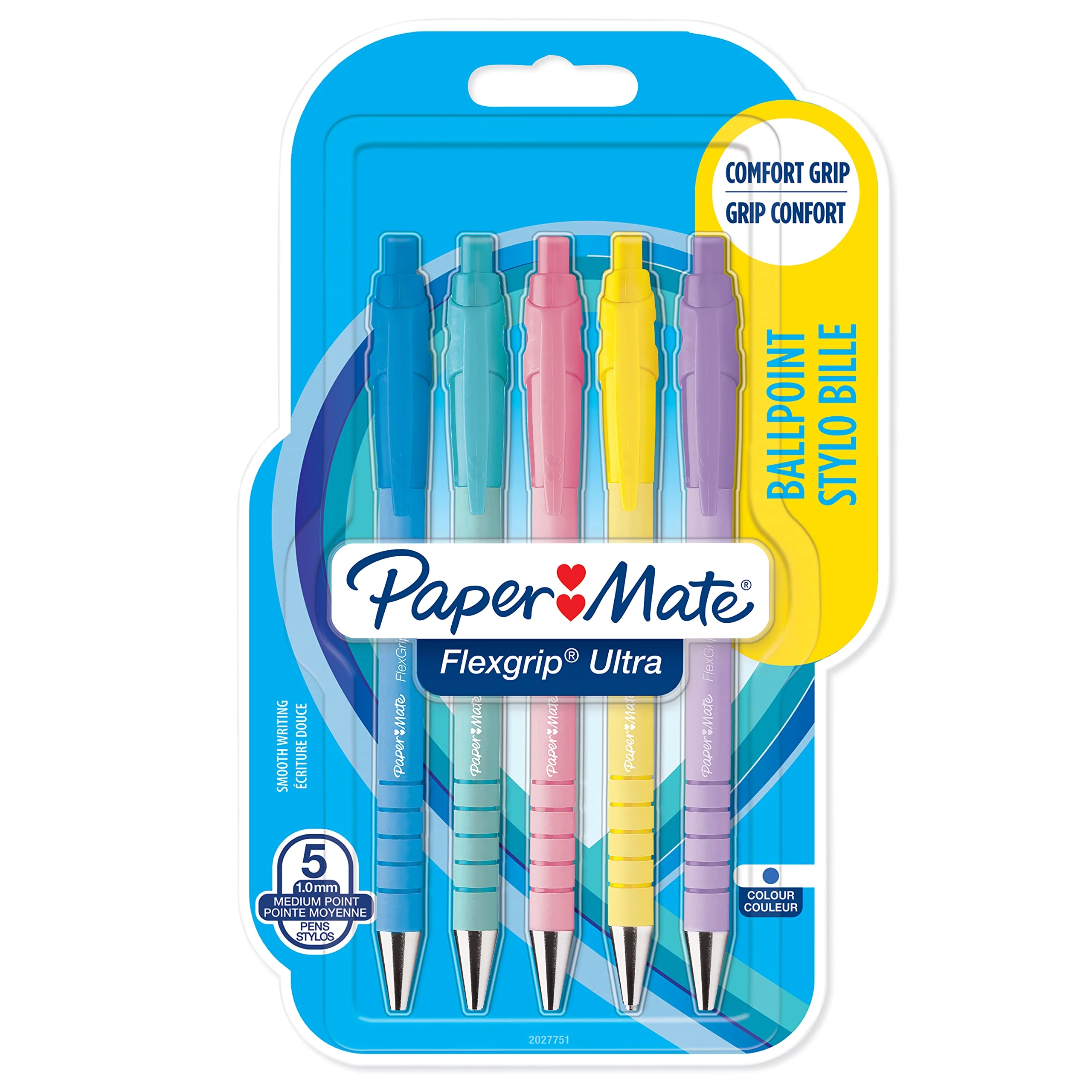 Paper Mate Flexgrip Ultra Pastel Ballpoint Pens | Medium Point (1.0mm) | Blue Ink | Pastel Barrels | 5 Count