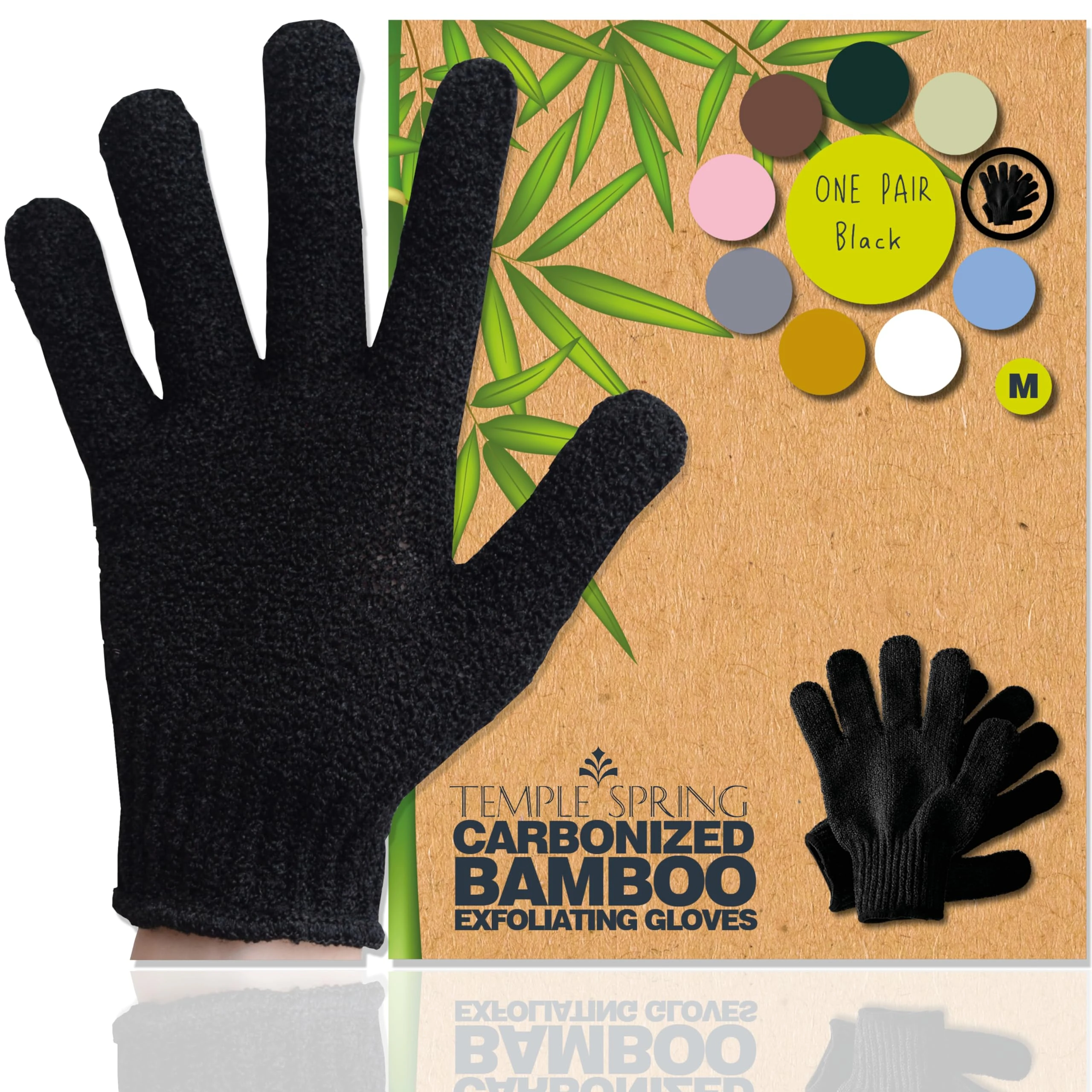 Temple Spring Exfoliating Glove, Carbonized Rayon Bamboo Body Scrubber, Loofah Exfoliating Mitt, Shower Scrubber Wash Cloth, Body Exfoliator Scrub, Loofa Shower Gloves Bath Sponge - Black
