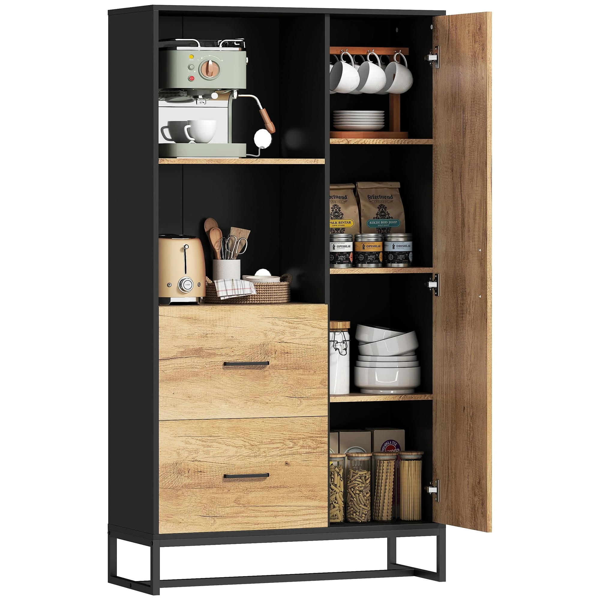 HOMCOM 160cm Tall Kitchen Cupboard, Kitchen Pantry Cabinet with 2 Open Shelves, 2 Drawers, Adjustable Shelves and Soft Close Door, Storage Cabinet for Living Room, Dinning Room, Natural Wood Finish