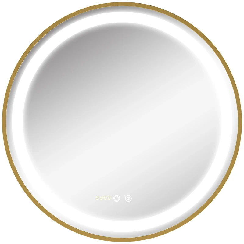 kleankin Round Bathroom LED Mirror, Dimmable Lighted Wall-Mounted Mirror with 3 Temperature Colours, Time Display, Memory Function, Hardwired, Gold