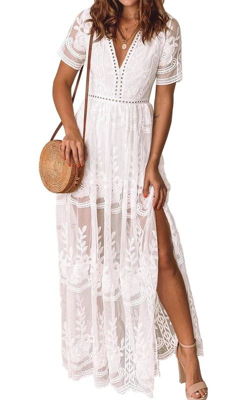 LRISES Womens V Neck Floral Embroidered Lace Wedding Maxi Dress Boho Short Sleeve Slit Bridesmaid Evening Party Dresses, White, Large - Image 1