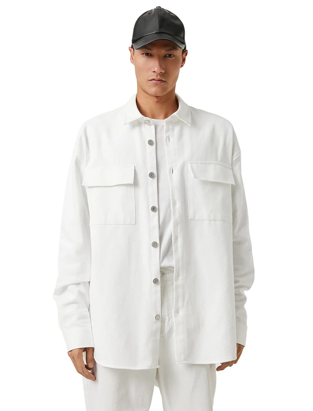 Koton Men's Basic Shirt Jacket Classic Neck Buttoned Pocket Detailed, White (000), L