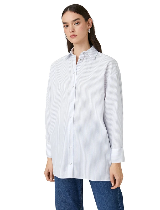 Koton Women's Long Sleeve Snap Button Oversize Shirt, Blue Stripe (20s), 8