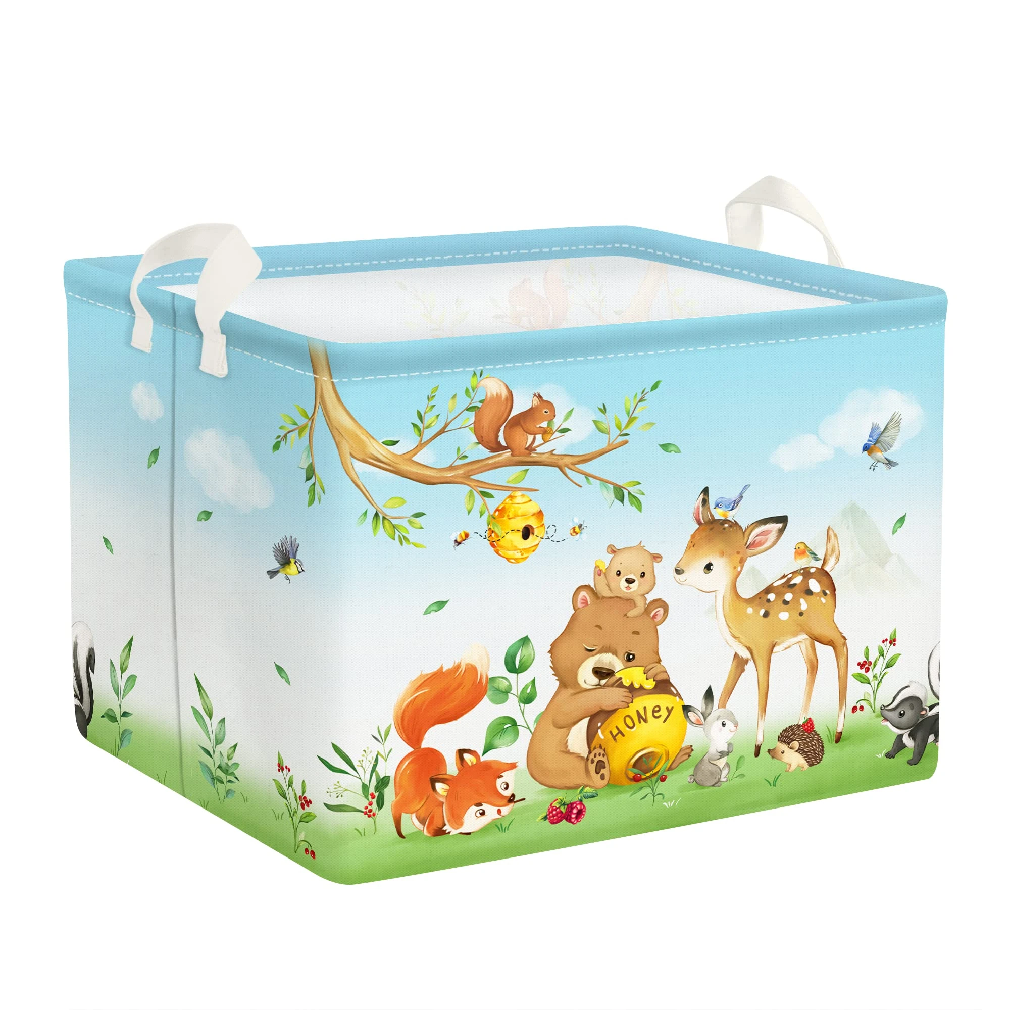 Clastyle Forest Animal Baby Laundry Hamper Collapsible Branch Clothes Kids Storage Basket Waterproof Boys Girls Toy Box for Nursery Room, Bear Fox Deer, 40*30*30 cm