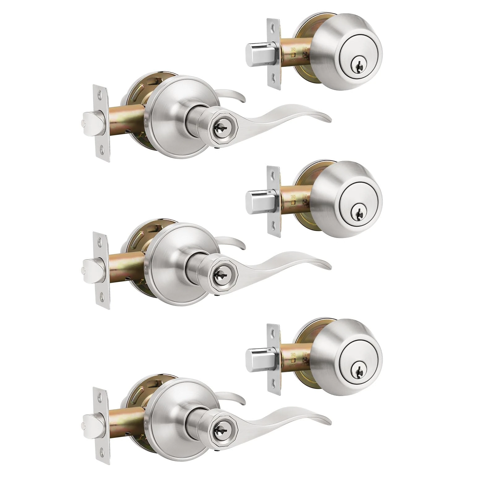 Brotima 3 Pack Wave Style Entry Door Lever and Single Cylinder Deadbolt Combo Sets in Brushed Nickel Finish, Keyed Alike Exterior Door Lock Set with Deadbolt,Door Knob with Deadbolt for Front Door