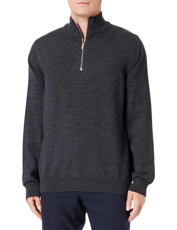 Seidensticker Men's Merino Pullover with Zip Sweater, Gray, M