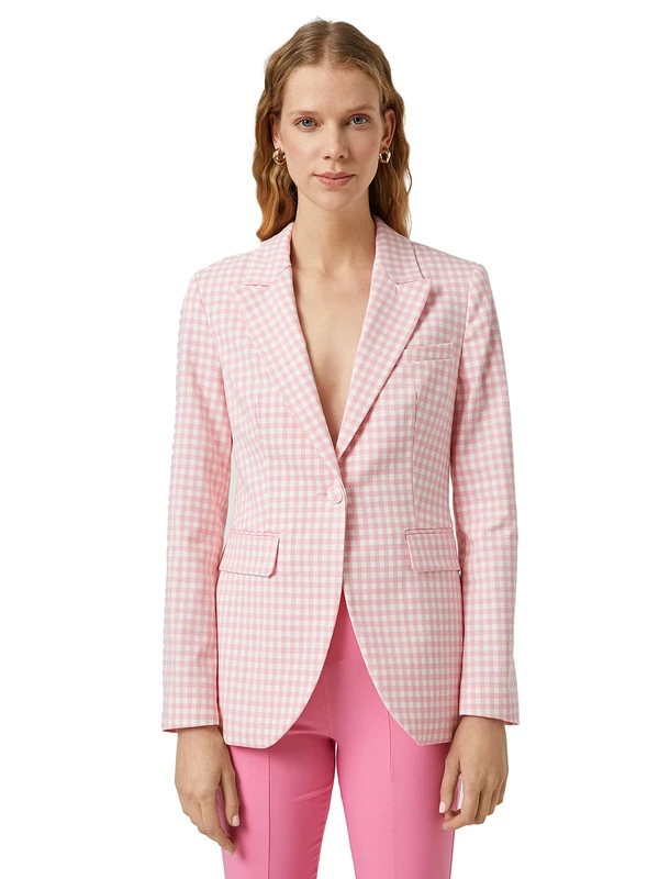 Koton Women's Pocket Detail one Button Blazer Jacket, Pink Check (2c7), 14