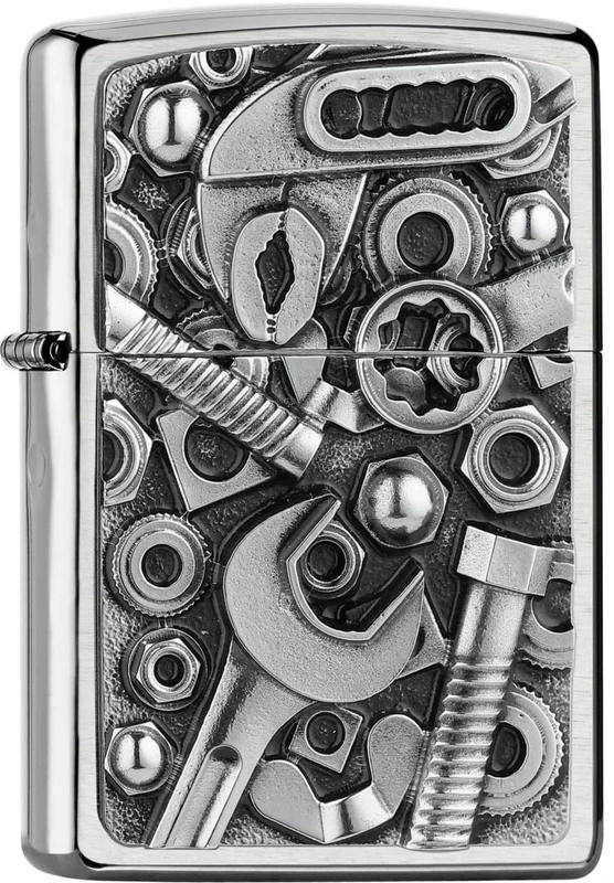 Zippo Windproof Lighter, Screws and Tools 3D Design – Brushed Chrome, Emblem – Refillable, Reusable, Windproof Design – Comes in Gift Box – Made in USA