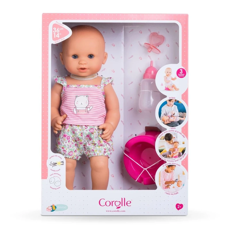Corolle Drink and Wet Bath Baby Emma - 14” Girl Baby Doll with 3 Accessories - Bottle, Potty, and Pacifier - Really Drinks and Goes Potty, for Kids Ages 2 Years and up