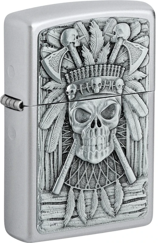 Zippo Windproof Lighter, Indian Skull Design – Satin Chrome, Emblem – Refillable, Reusable, Windproof Design – Comes in Gift Box – Made in USA