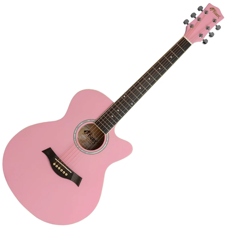 TIGER ACG1-PK-SM Acoustic Steel String Guitar - Pastel Pink Matte - Full Size Small Body Parlour Guitar for Ages 12+