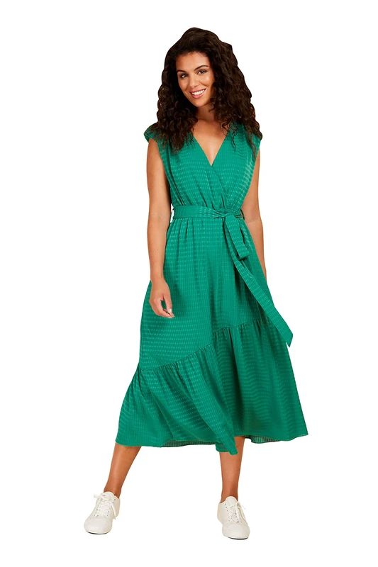 Green Check Mock Wrap Midi Dress