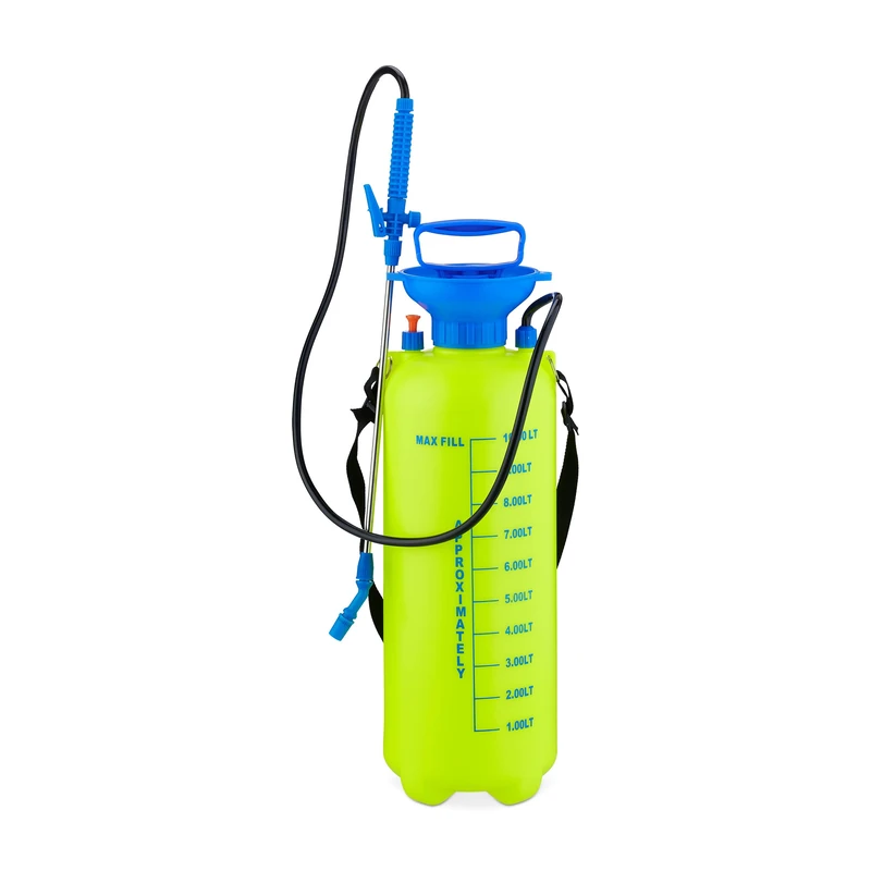 Relaxdays Pressure Spray Bottle, 10 litres, Adjustable Nozzle, Scale, Water & Protect Plants, Pump Sprayer, Yellow/Blue