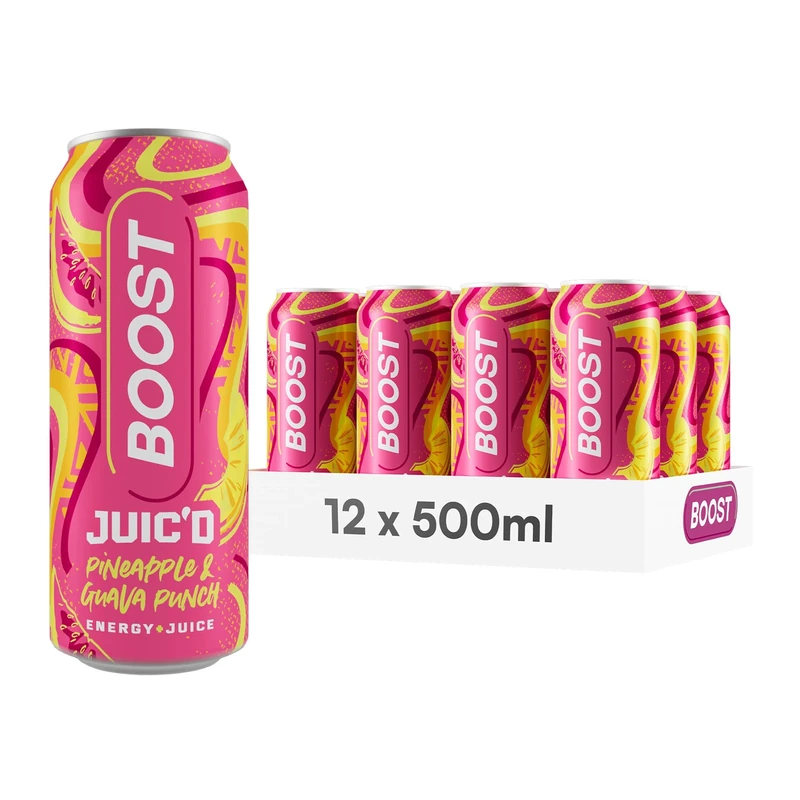 Boost Juic'd Energy Drink Pineapple & Guava Juice Punch | 12 Multipack Carbonated Soft Drinks with Real Fruit, High Caffeine, Taurine and Vitamin B | Fizzy Energy Drink Multipack | 12x500ml