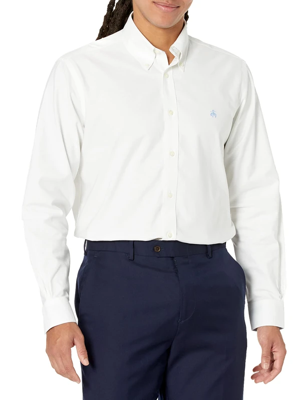Brooks Brothers Men's Non-Iron Long Sleeve Button Down Stretch Oxford Sport Shirt, Solid, White, S