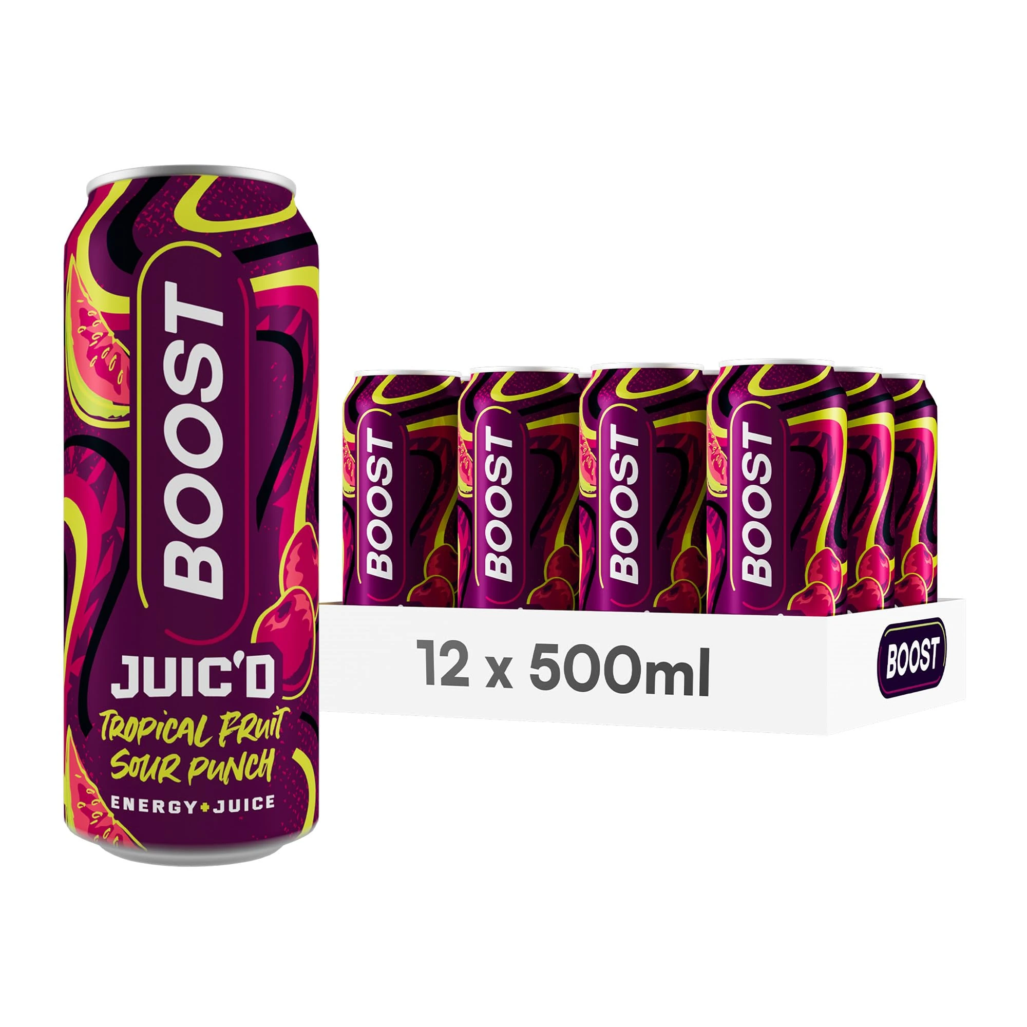 Boost Juic'd Energy Drink Tropical Fruit Sour Punch | 12 Multipack Carbonated Soft Drinks with Real Fruit, High Caffeine, Taurine and Vitamin B | Fizzy Energy Drink Multipack | 12x500ml