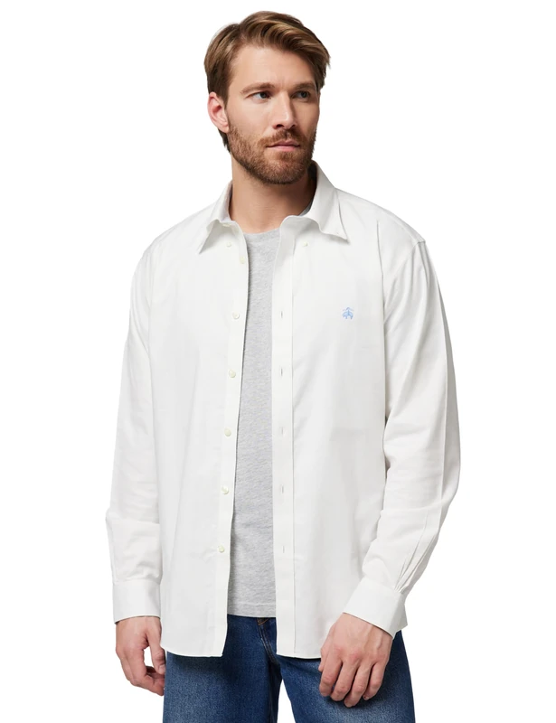 Brooks Brothers Men's Non-Iron Stretch Oxford Sport Shirt Long Sleeve Solid, White, XXL