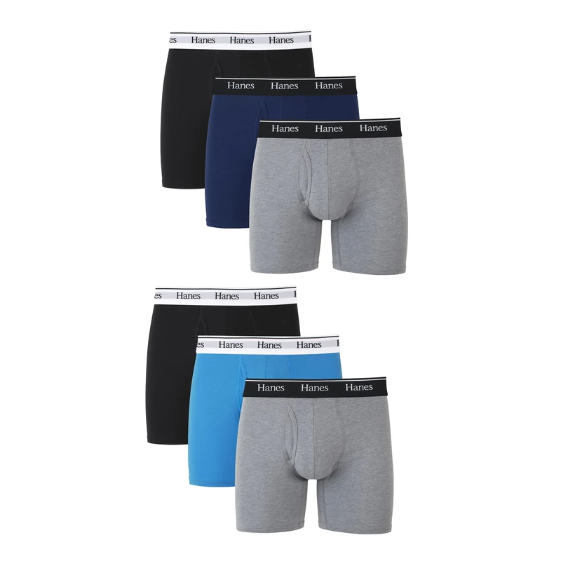 Hanes Originals Men’s Boxer Briefs & Trunks, Stretch Cotton Moisture-Wicking Underwear, Modern Fit Low Rise, Multipacks, Regular Leg - Grey/Blue/Black - 6 Pack, 3XL