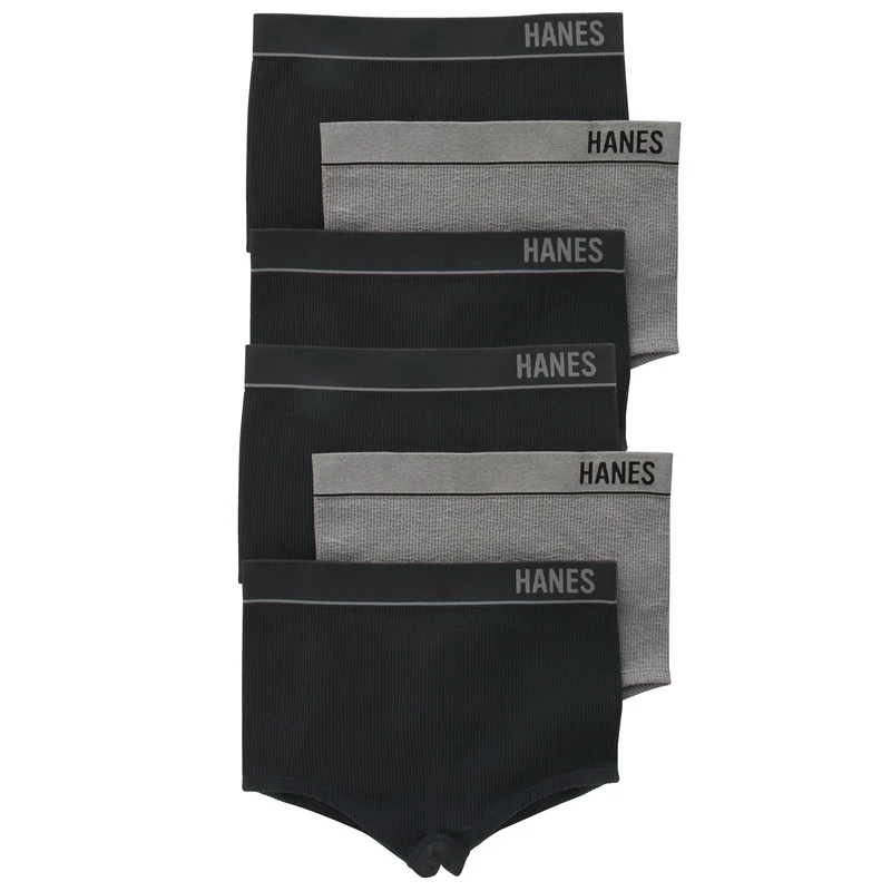 Hanes Women's Originals Seamless Stretchy Ribbed Boyfit Panties Pack, Assorted Colors, 6-Pack Briefs, 4 Black/2 Heritage Grey Marle, S (Pack of 6)