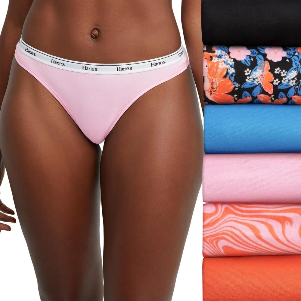 Hanes Women's Originals Panties Pack, Breathable Cotton Stretch Underwear, 6-Pack, Black & White Elastic, Garden Party, Provence Blue, Individual Pink, Orange Swirl, Tango Orange, XXL