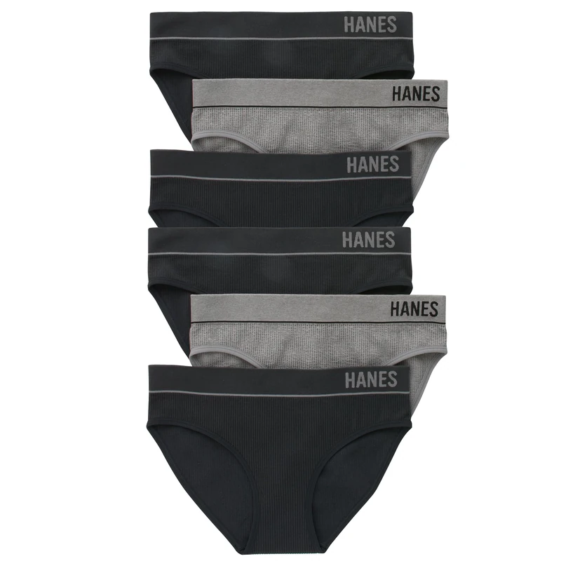 Hanes Women's Originals Seamless Stretch Rib Bikini Panties Pack, Assorted Colors, 6-Pack Style Underwear, 4 Black/2 Heritage Grey Marle, S