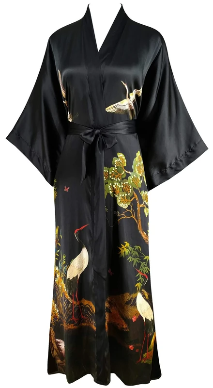 Ledamon Women's 100% Silk Kimono Long Robe - Classic Colors and Prints (Silk, Black-a)