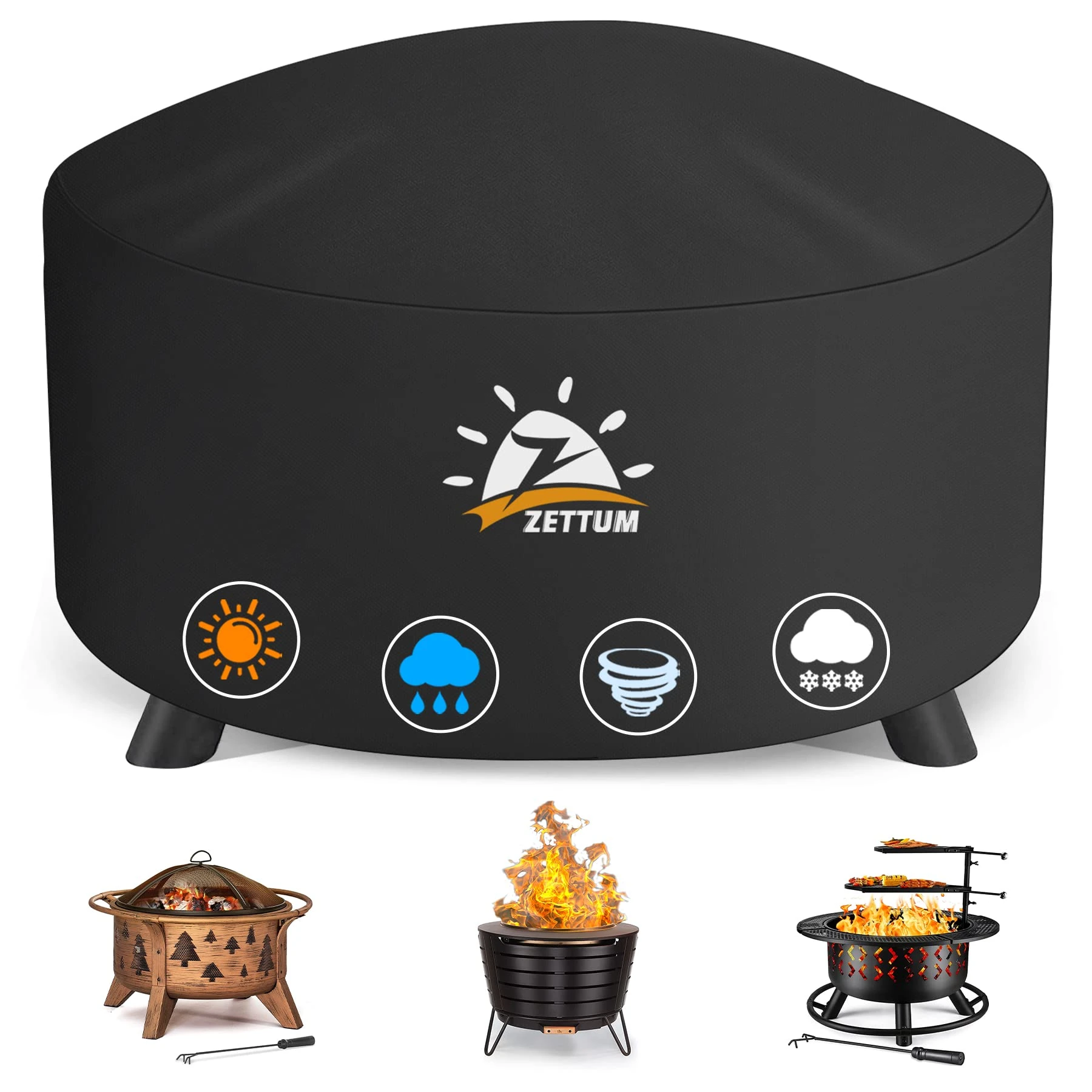 Zettum Fire Pit Cover Round 125 CM - Outdoor Firepit Cover Heavy Duty & Waterproof, 600D Patio Fire Table Cover Large Gas Fire Pit Accessories Fade & Weather Resistant - 127 x 127 x 61 CM