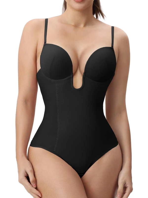 Slimers Body Shaper for Women Tummy Control U Plunge Backless Thong Shapewear Fajas Colombianas Waist Trainer Bodysuit Top, Black, Medium
