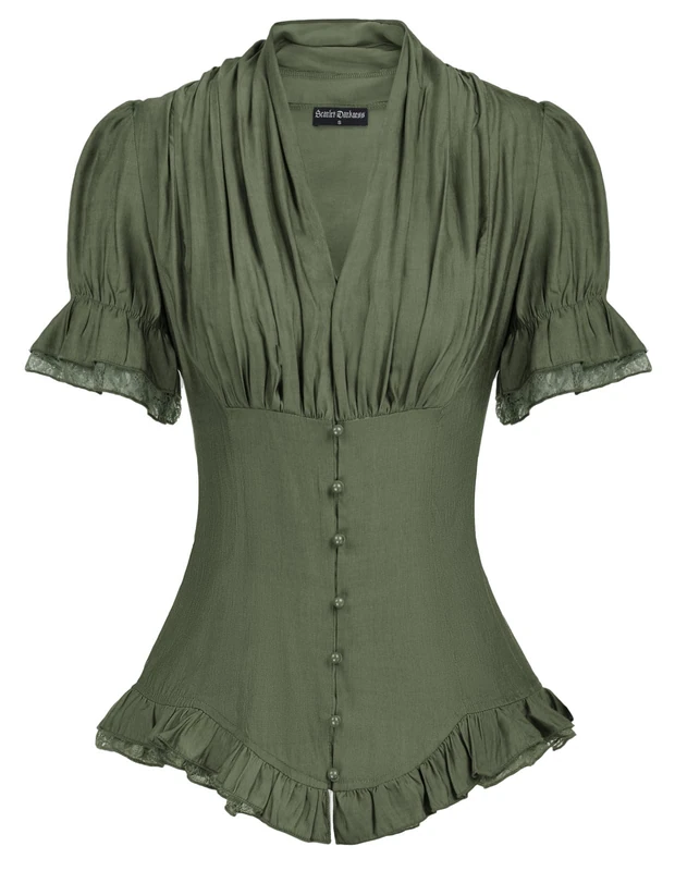 Scarlet Darkness Women 2024 Summer Short Sleeve Shirt Dressy Victorian Blouse Lace Up Top, Army Green, L - Image 1