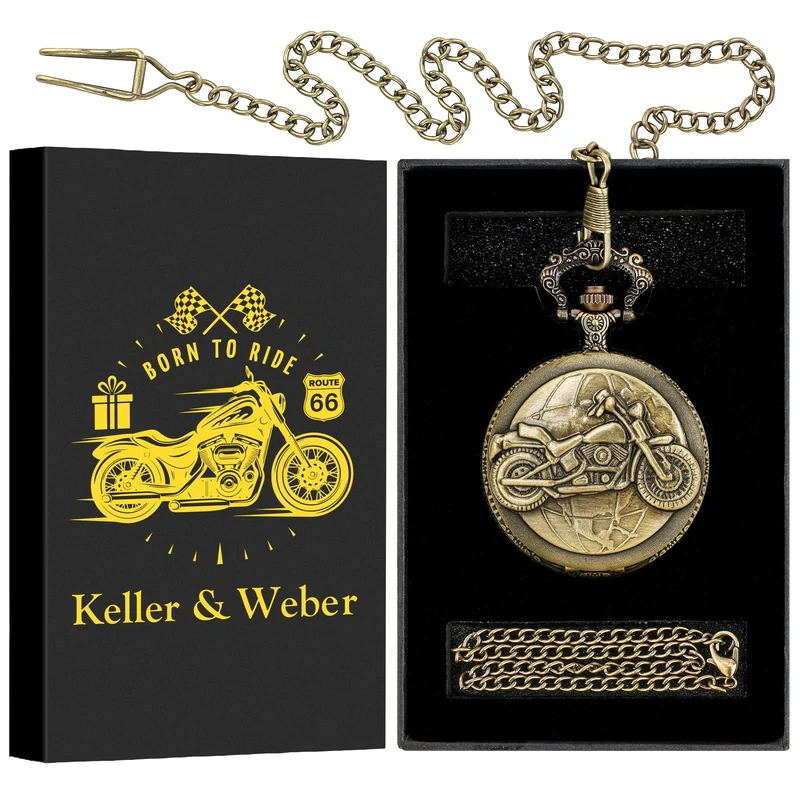 Keller & Weber Vintage Motorcycle Pocket Watch for Men - Gift Box - Image 1