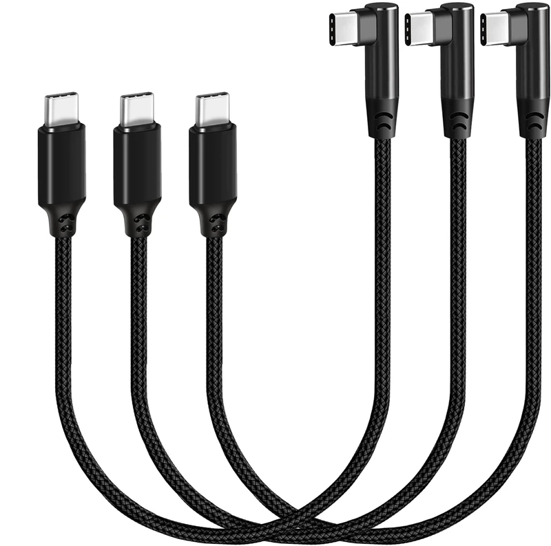 SUMPK USB C to USB C Cable 1FT 3 Packs, Right Angle 90 Degree Type C PD Fast Charging Cord 60W USB 2.0 Nylon Braided for Samsung Galaxy S22 S21 S20 S10, Pixel and other USB-C Plug