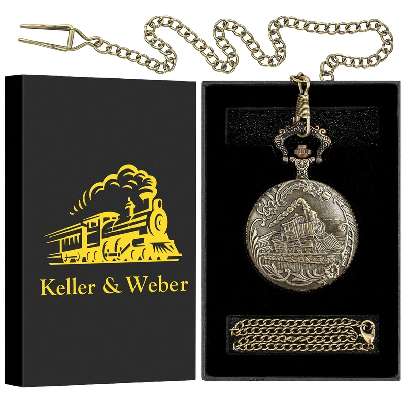 Keller & Weber Steam Locomotive Pocket Watch with Chain - Gift Box