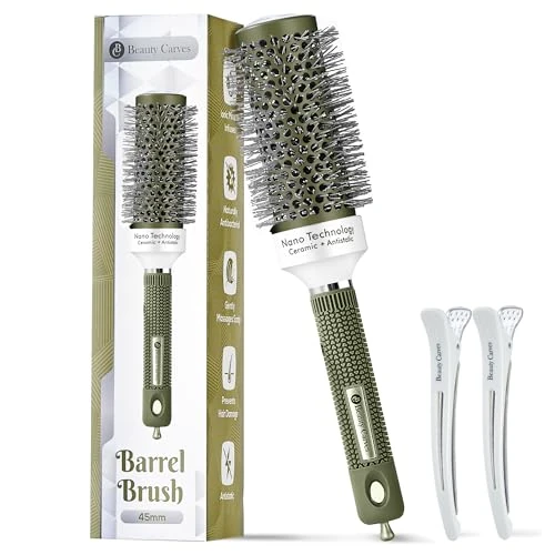 Beauty Carves Round Hair Brush 45 mm Barrel with 2 Clips – Thermal Ceramic Blow Dry Brush for Salon Styling, Curling & Volume – Nano Ionic Heat-Resistant Barrel with Flexible Nylon Bristles