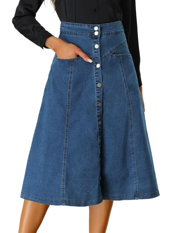 Allegra K Womens' Stretchy High Waist Buttons Front A-Line Flowy Midi Skirts with Pockets, Blue, L