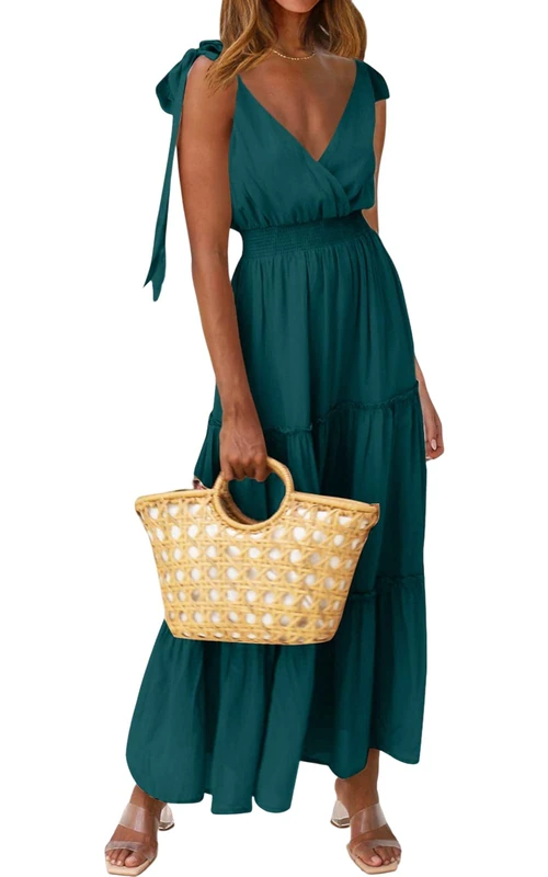 PRETTYGARDEN Women's Cross Neck Summer Sleeveless Tiered Maxi Dress Beach Tie Strap Smocked Long Dresses Pleated Sundress, Blue Green, S