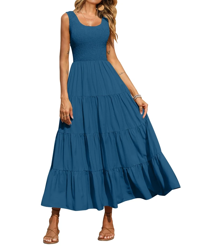 PRETTYGARDEN Women's 2023 Casual Loose Plain Maxi Sundress Smocked Tank Dress Sleeveless Summer Beach Tiered Long Dresses, Lake Blue, M