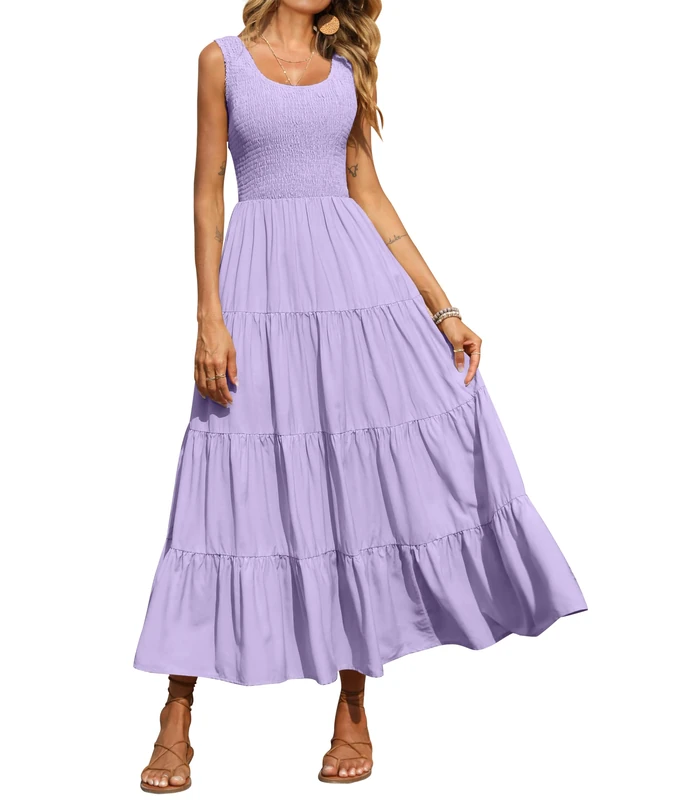 PRETTYGARDEN Women's Casual Loose Plain Maxi Sundress Smocked Tank Dress Sleeveless Summer Beach Tiered Long Dresses, Purple, M