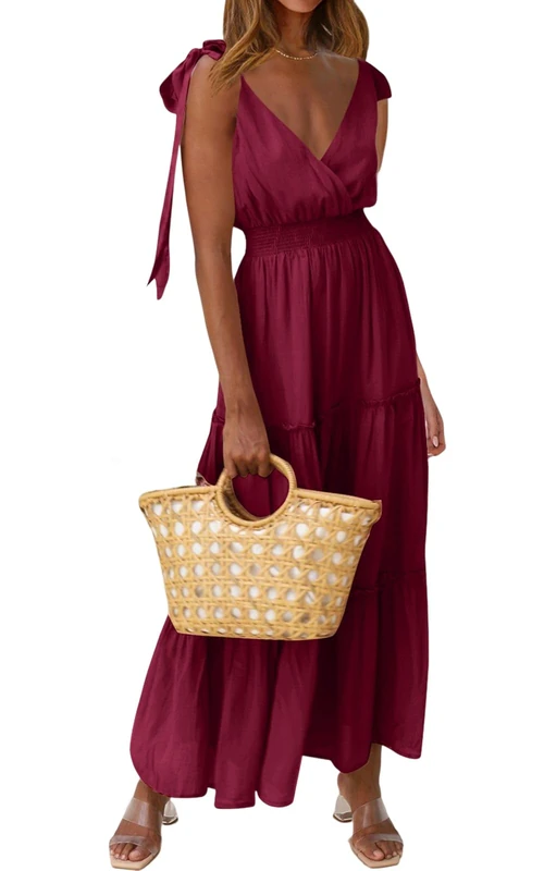 PRETTYGARDEN Women's Cross Neck Summer Sleeveless Tiered Maxi Dress Beach Tie Strap Smocked Long Dresses Pleated Sundress, Wine Red, L