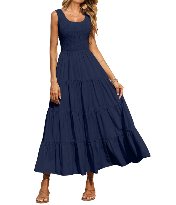 PRETTYGARDEN Women's 2023 Casual Loose Plain Maxi Sundress Smocked Tank Dress Sleeveless Summer Beach Tiered Long Dresses, Navy, L