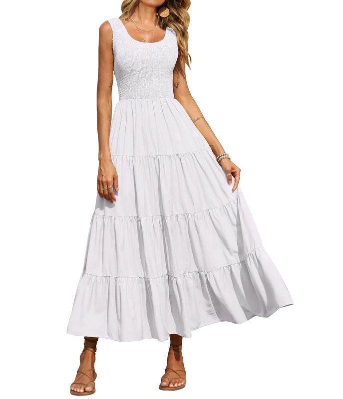 PRETTYGARDEN Women's 2025 Casual Loose Plain Maxi Sundress Smocked Tank Dress Sleeveless Summer Beach Tiered Long Dresses, White, XL