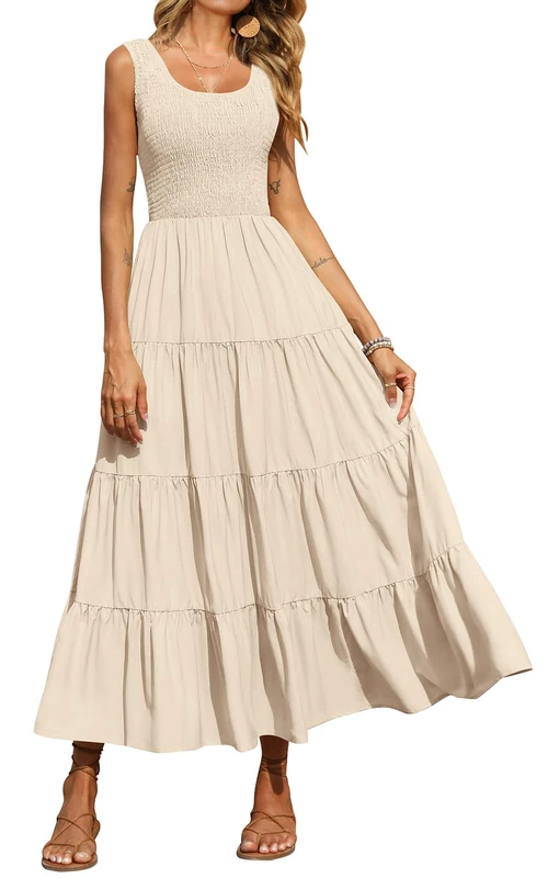 PRETTYGARDEN Women's 2023 Casual Loose Plain Maxi Sundress Smocked Tank Dress Sleeveless Summer Beach Tiered Long Dresses, Apricot, S