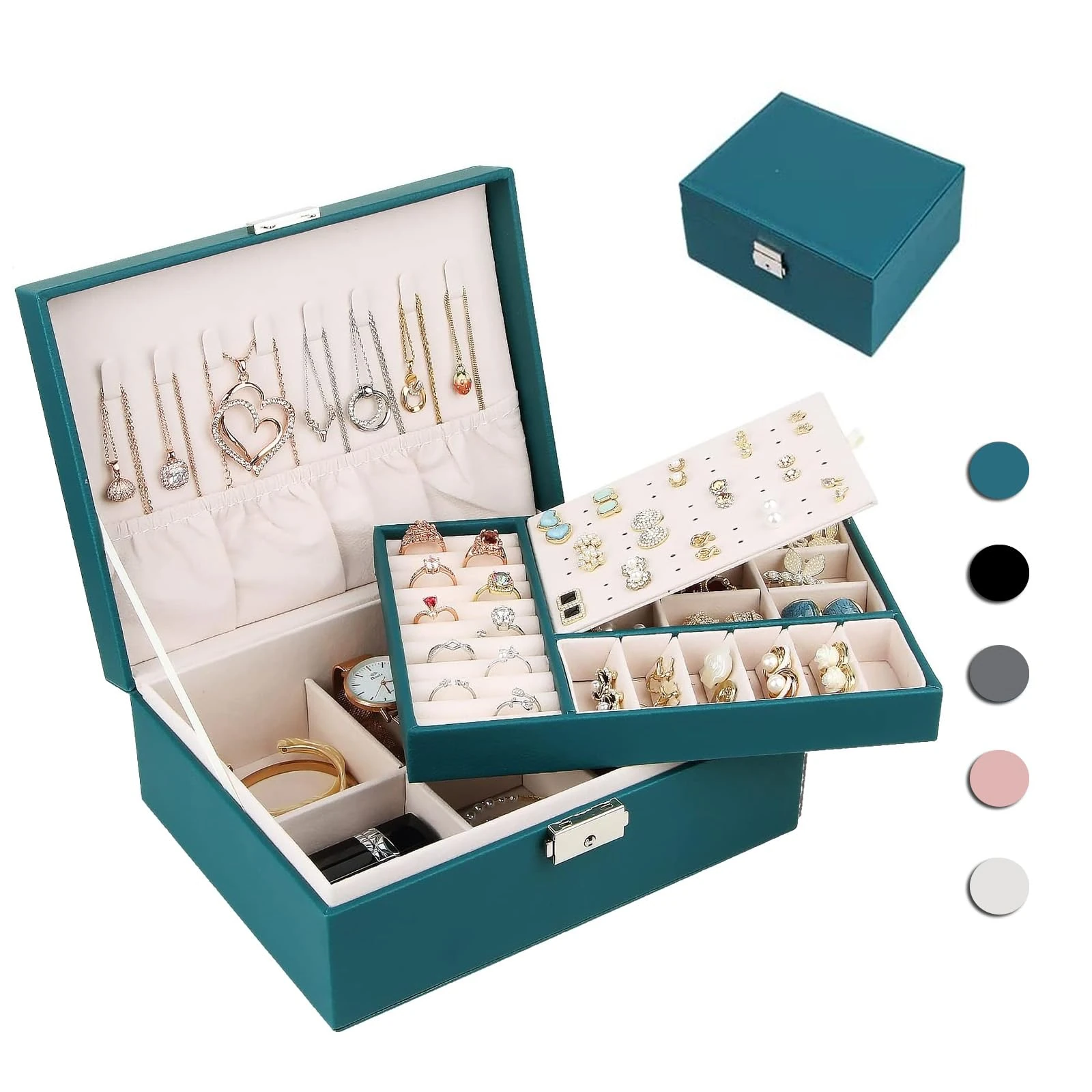 Homtibrm Jewellery Organiser Box for Women Girls, 2-Layer Large Jewelry Storage Case for Necklaces Rings Earrings Bracelets