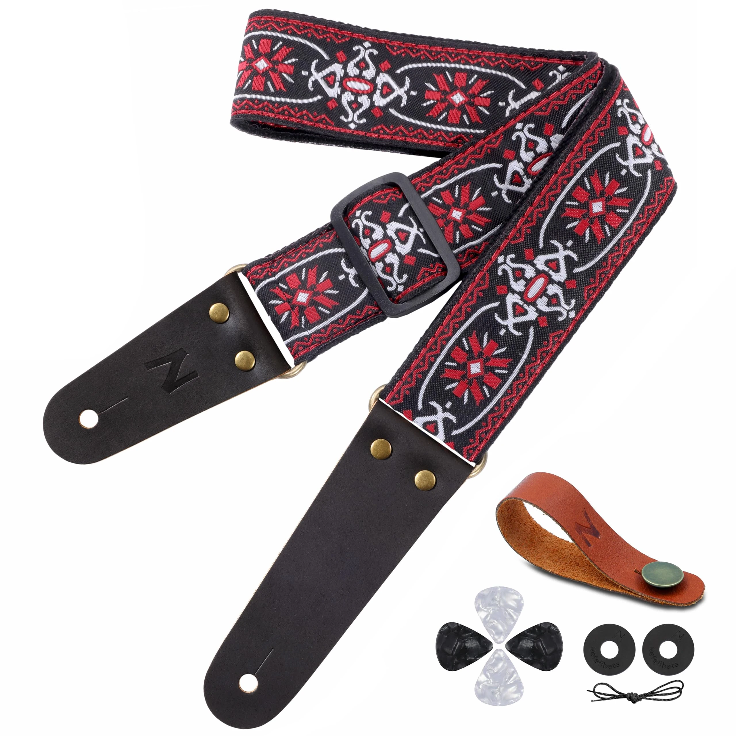 Nefelibata Guitar Strap, Embroidered Cotton Guitar Straps with Genuine Leather Ends for Bass, Electric & Acoustic Guitars, Come with Free Strap Button, 2 Strap Locks and 4 Guitar Picks