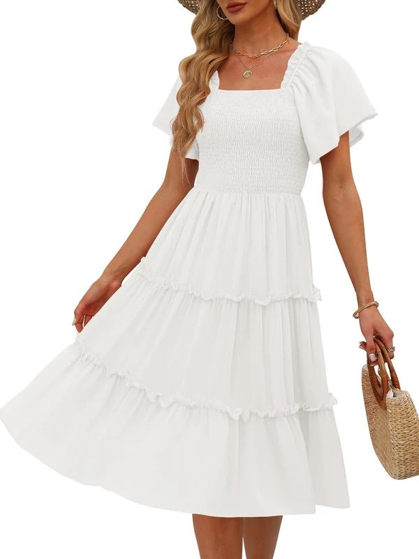 LILLUSORY Women's Summer Casual Flutter Sleeve Square Neck Smocked Midi Dress, White, S - Image 1