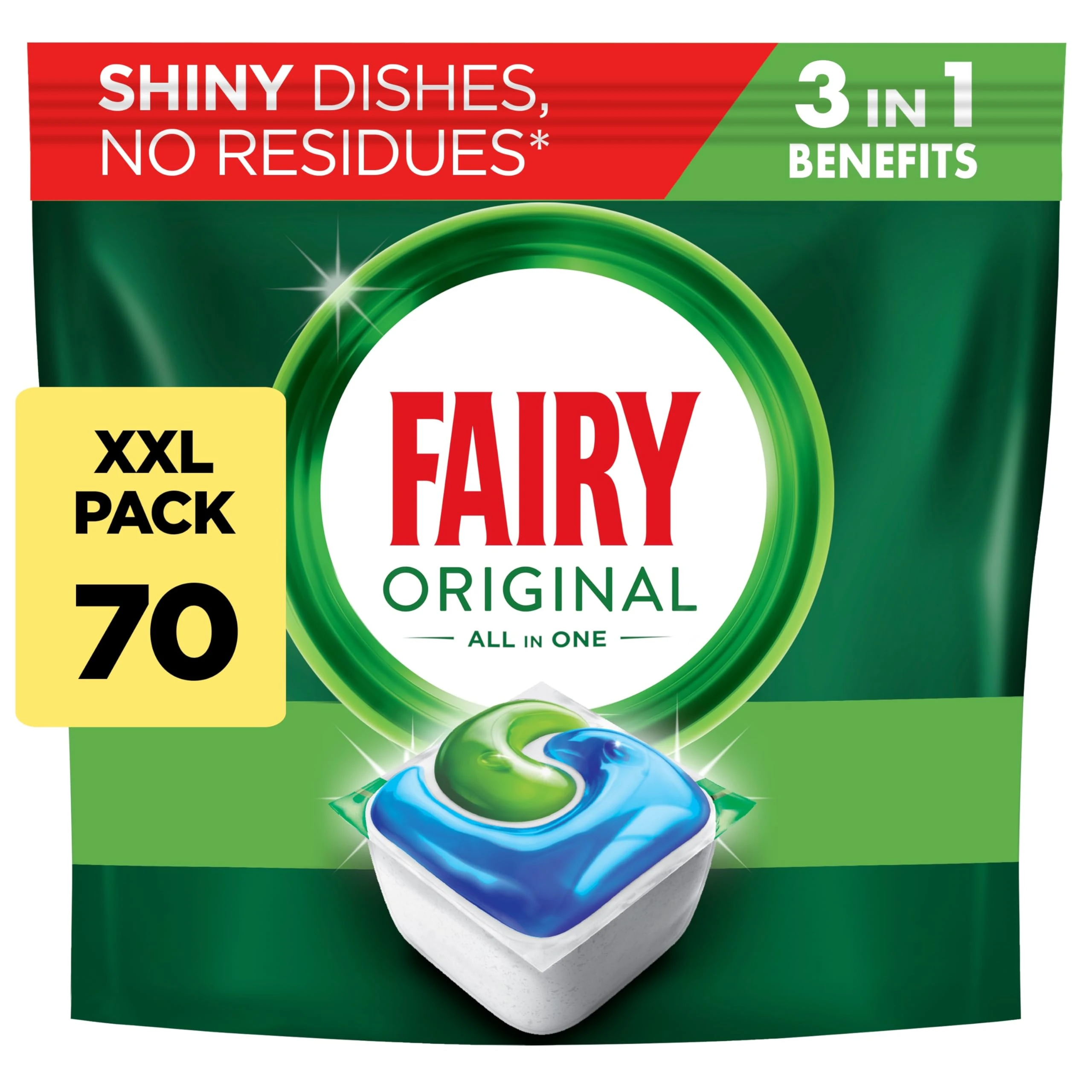 Fairy All-In-1 Original Dishwasher Tablets Bulk 70 Tablets, Effective Even On Dried-On Grease
