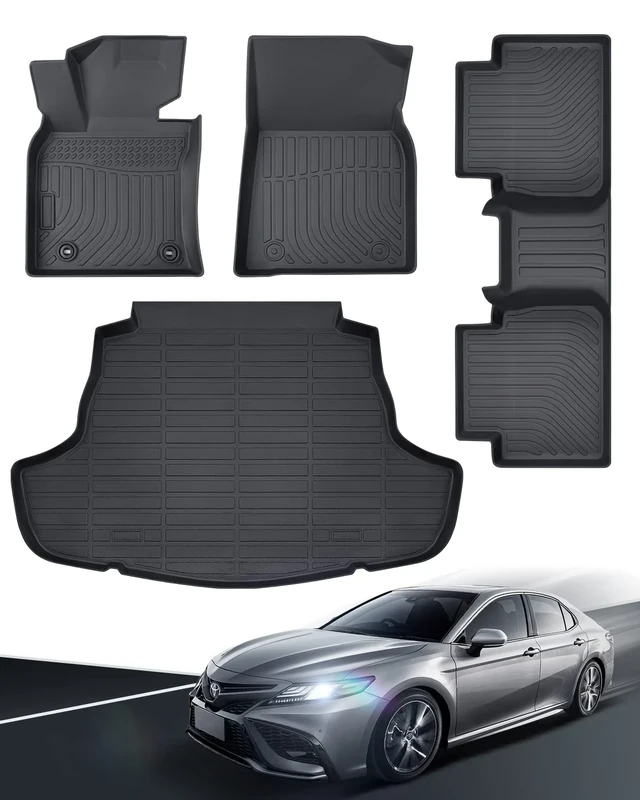 2024 2023 for Toyota Camry Floor Mats, 2022 2021 2020 2019 2018, TPE All Weather Protection Waterproof Anti-Slip Front & 2nd Seat & Rear Trunk Mat(Not Fit for Hybrid or AWD), Car Accessories