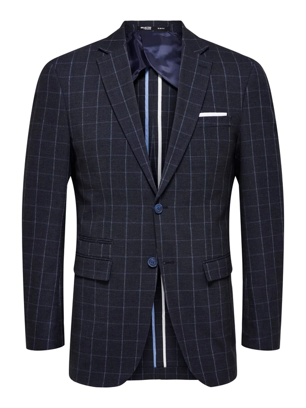 SELECTED HOMME Men's Slhslim-Oasis Linen Chk BLZ B Noos Jacket, Navy Blazer/Checks: Check, 40