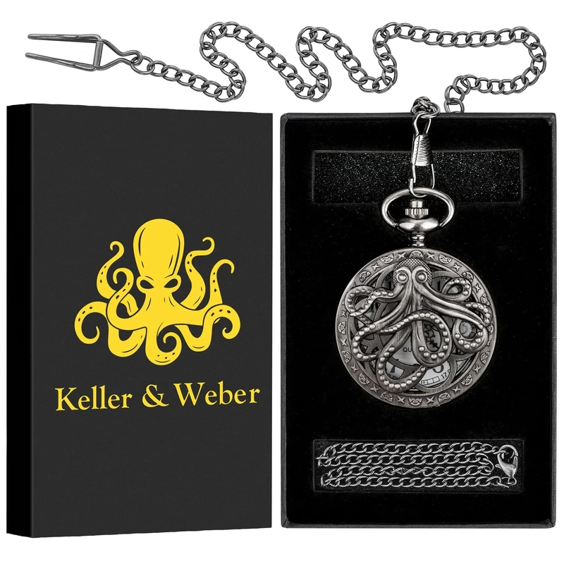 Keller & Weber Vintage Octopus Pocket Watches for Men, Pocket Watch with Chain, Octopus Gifts for Men Dad, Valentines Gifts, Birthday Gifts, Gift Box and Card